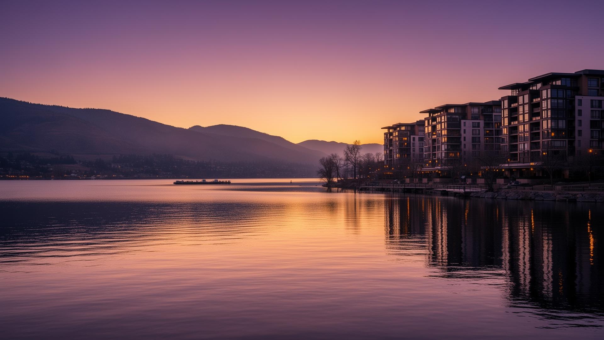 Okanagan Lake and Kelowna waterfront at dusk